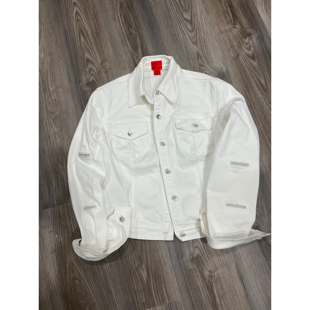 Very Vera Trucker Jacket Women's M White Denim Rhinestone Cutout Sleeve Jacket